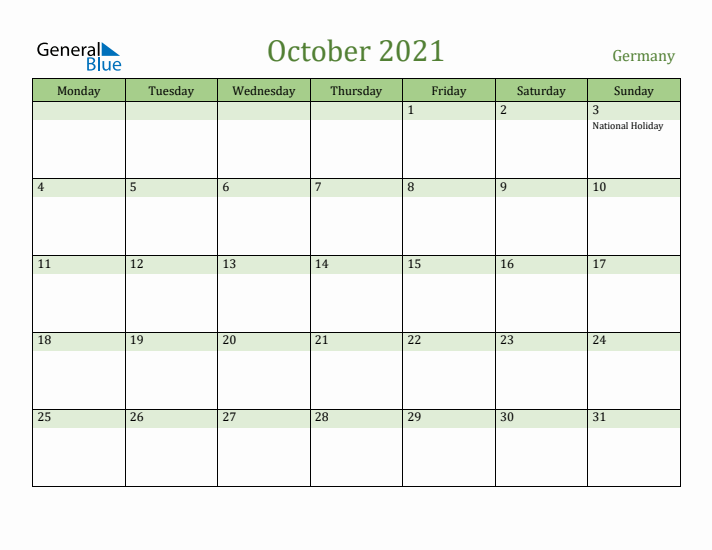October 2021 Calendar with Germany Holidays