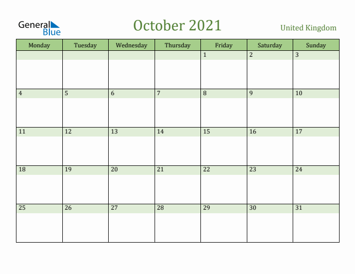 October 2021 Calendar with United Kingdom Holidays