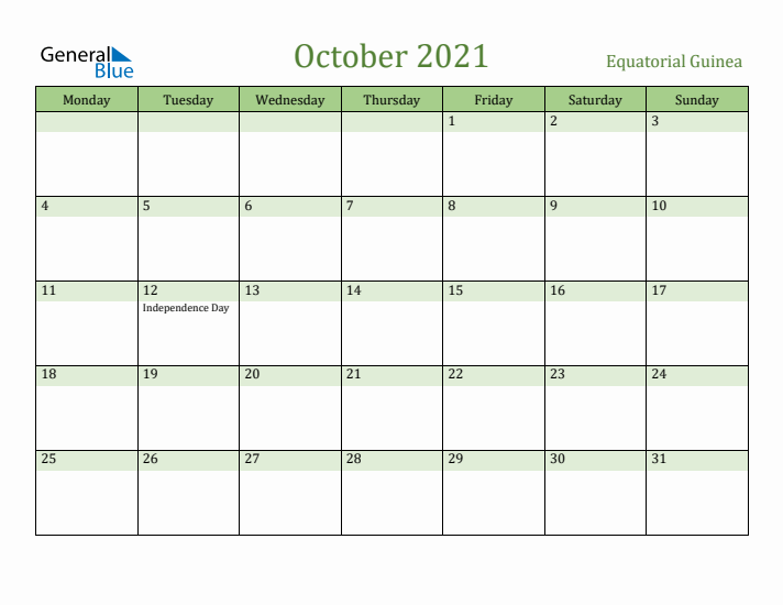 October 2021 Calendar with Equatorial Guinea Holidays