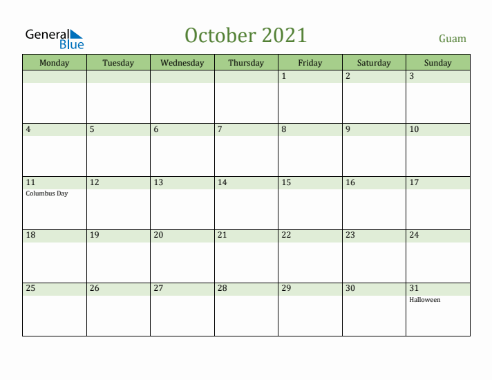 October 2021 Calendar with Guam Holidays