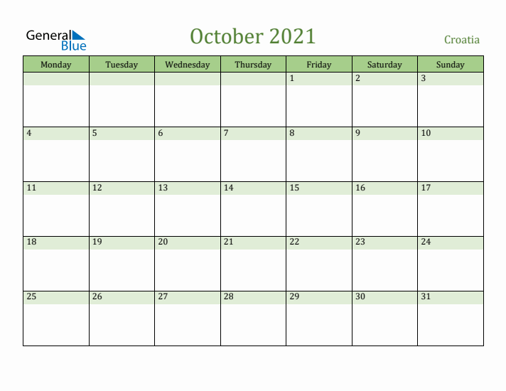 October 2021 Calendar with Croatia Holidays