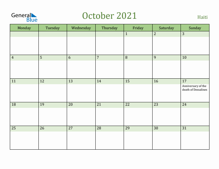 October 2021 Calendar with Haiti Holidays
