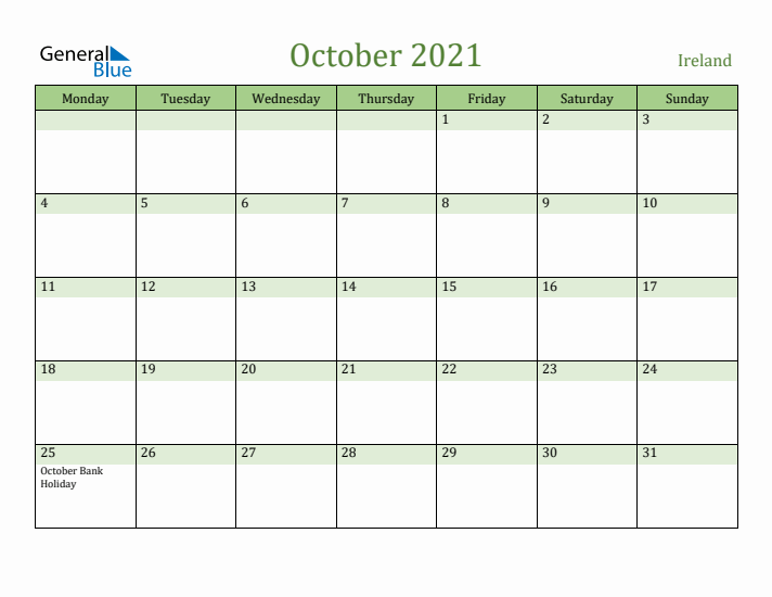 October 2021 Calendar with Ireland Holidays