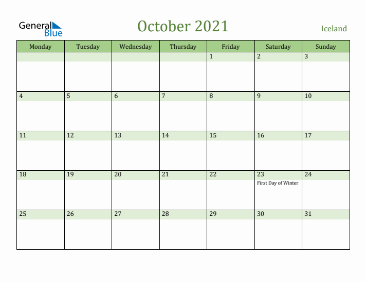 October 2021 Calendar with Iceland Holidays