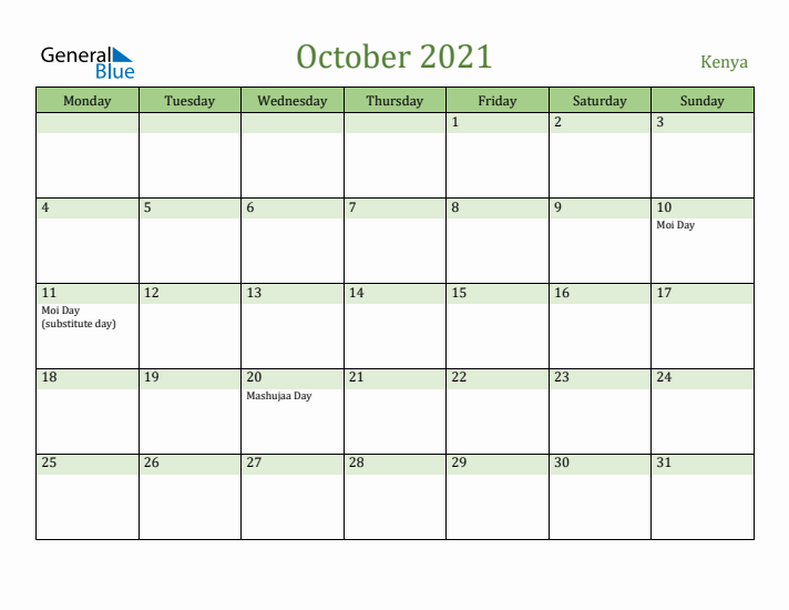 October 2021 Calendar with Kenya Holidays