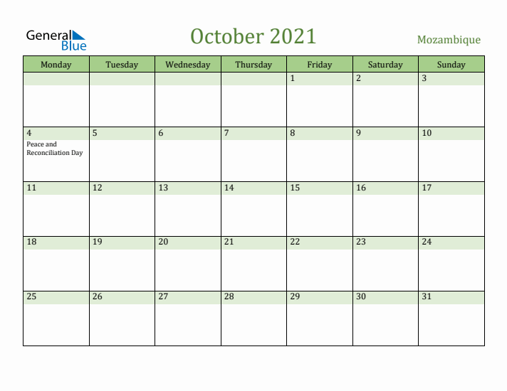 October 2021 Calendar with Mozambique Holidays