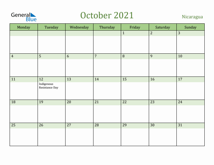October 2021 Calendar with Nicaragua Holidays