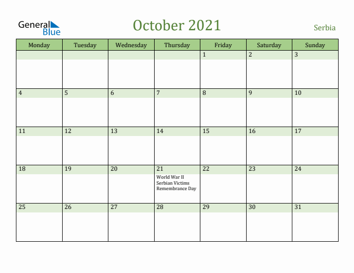October 2021 Calendar with Serbia Holidays