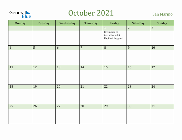 October 2021 Calendar with San Marino Holidays