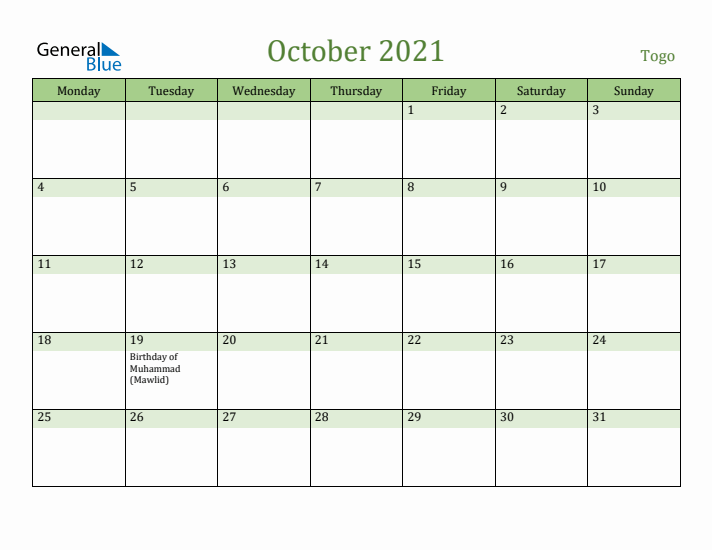 October 2021 Calendar with Togo Holidays