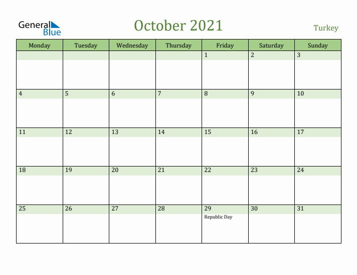 October 2021 Calendar with Turkey Holidays