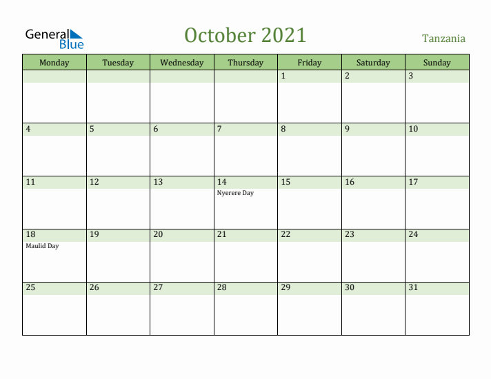 October 2021 Calendar with Tanzania Holidays