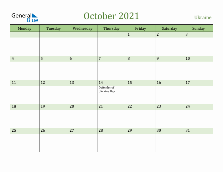 October 2021 Calendar with Ukraine Holidays