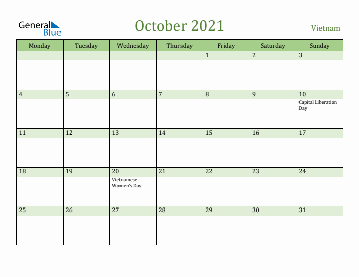 October 2021 Calendar with Vietnam Holidays