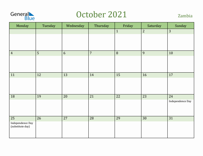 October 2021 Calendar with Zambia Holidays
