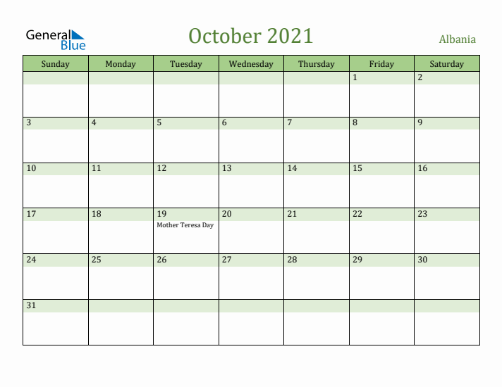 October 2021 Calendar with Albania Holidays