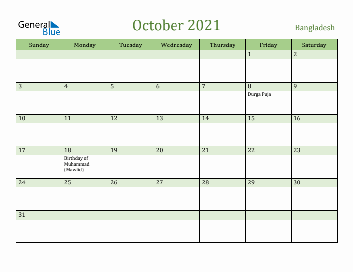 October 2021 Calendar with Bangladesh Holidays