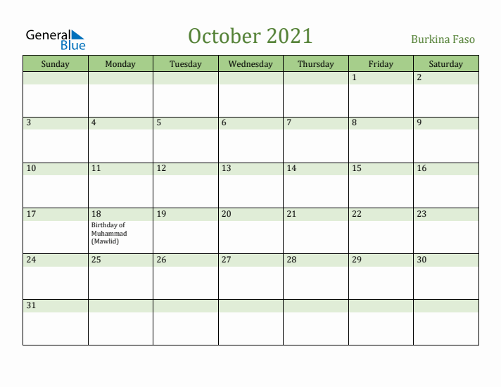 October 2021 Calendar with Burkina Faso Holidays