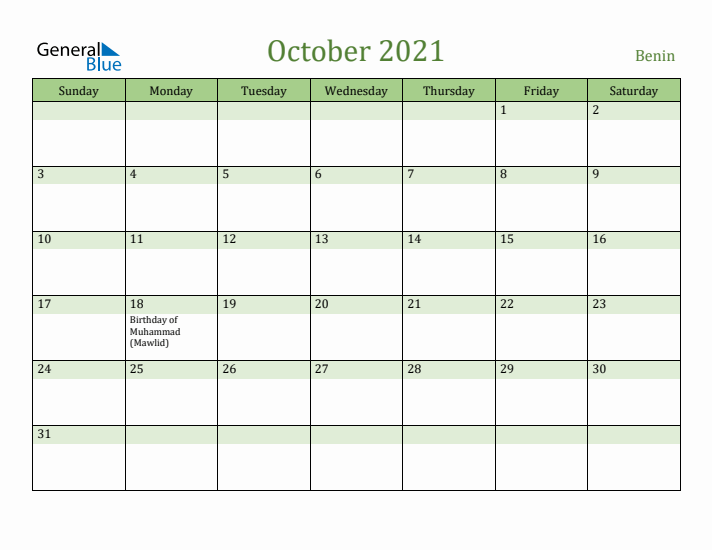 October 2021 Calendar with Benin Holidays