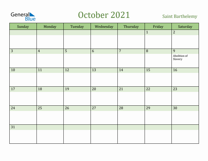October 2021 Calendar with Saint Barthelemy Holidays