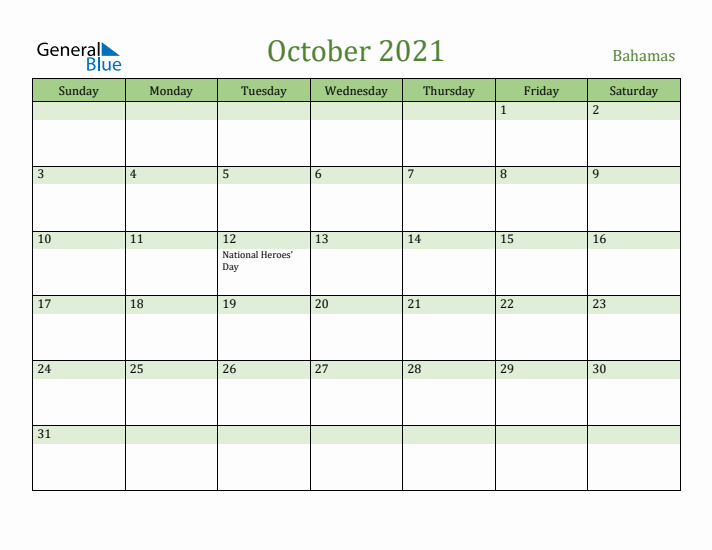 October 2021 Calendar with Bahamas Holidays