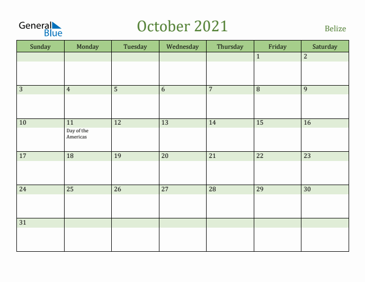 October 2021 Calendar with Belize Holidays