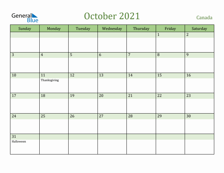 October 2021 Calendar with Canada Holidays