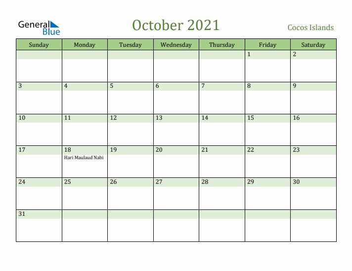 October 2021 Calendar with Cocos Islands Holidays