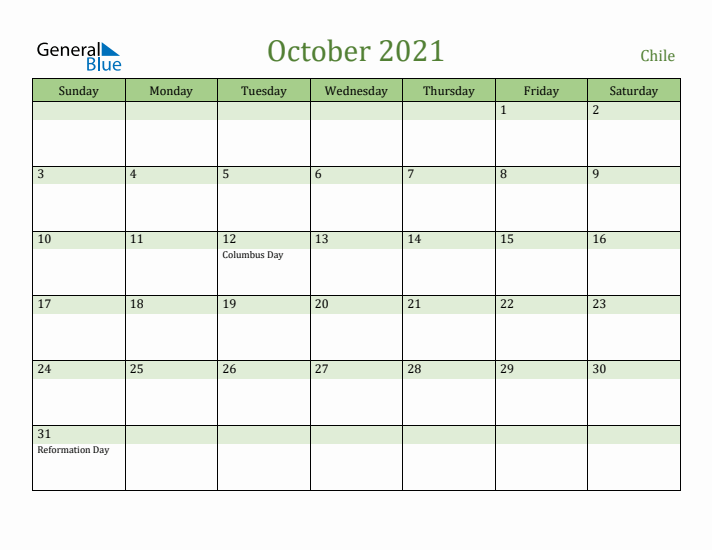 October 2021 Calendar with Chile Holidays