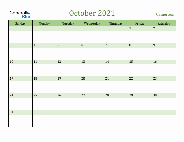 October 2021 Calendar with Cameroon Holidays
