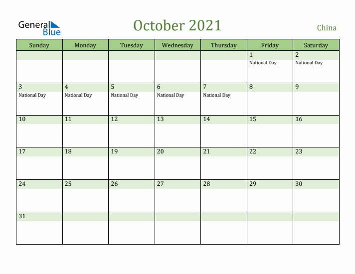 October 2021 Calendar with China Holidays