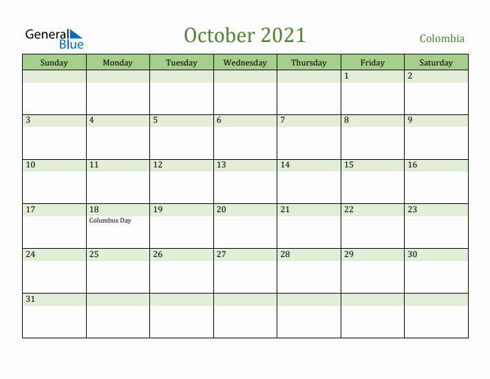 October 2021 Calendar with Colombia Holidays