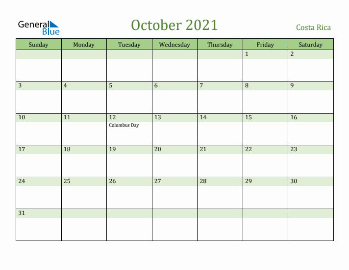 October 2021 Calendar with Costa Rica Holidays