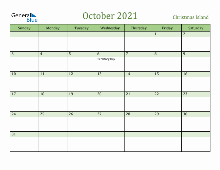 October 2021 Calendar with Christmas Island Holidays