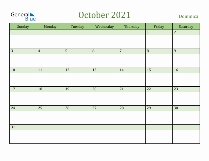 October 2021 Calendar with Dominica Holidays