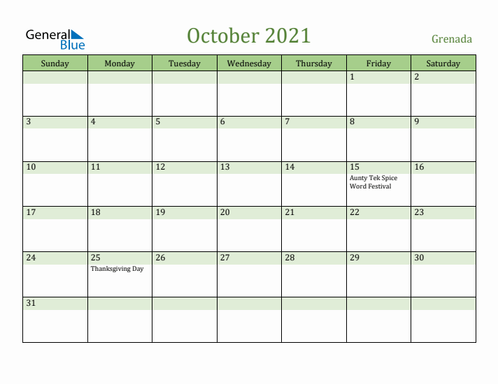 October 2021 Calendar with Grenada Holidays