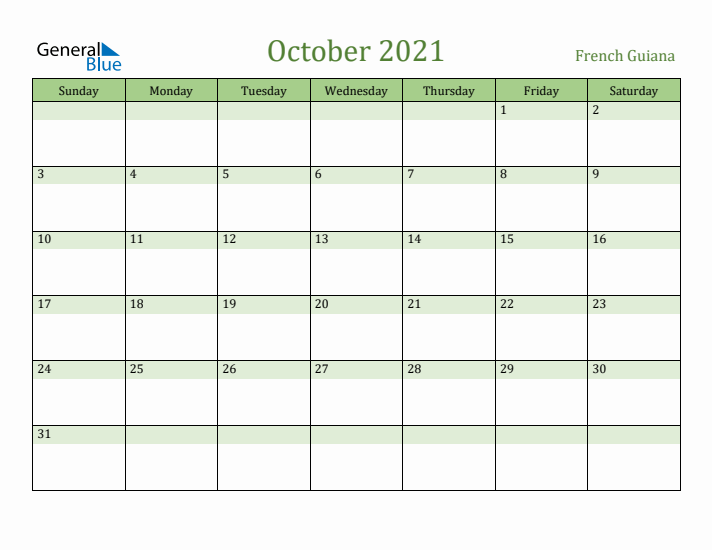 October 2021 Calendar with French Guiana Holidays