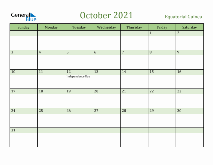 October 2021 Calendar with Equatorial Guinea Holidays