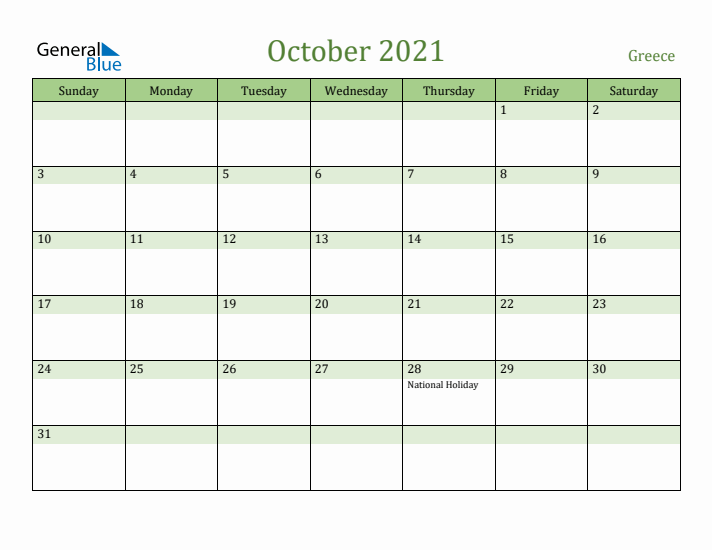 October 2021 Calendar with Greece Holidays