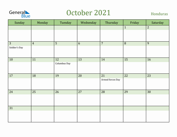 October 2021 Calendar with Honduras Holidays