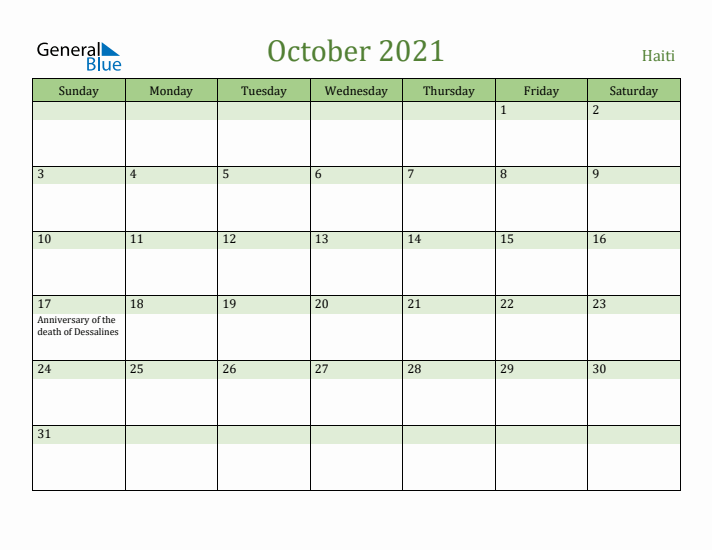 October 2021 Calendar with Haiti Holidays