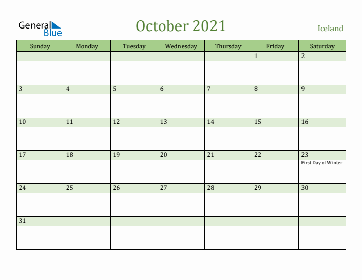 October 2021 Calendar with Iceland Holidays