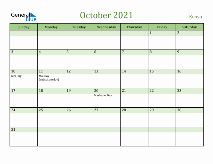 October 2021 Calendar with Kenya Holidays