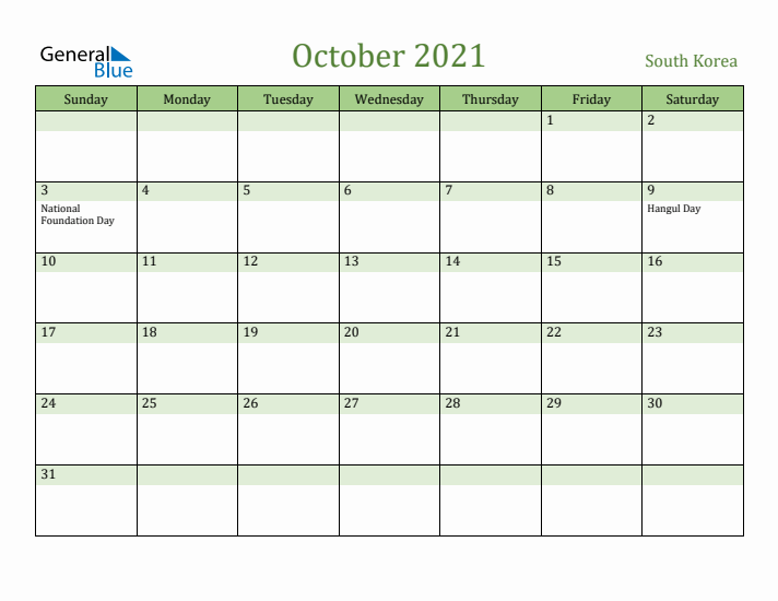 October 2021 Calendar with South Korea Holidays