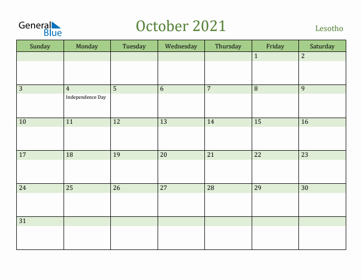 October 2021 Calendar with Lesotho Holidays