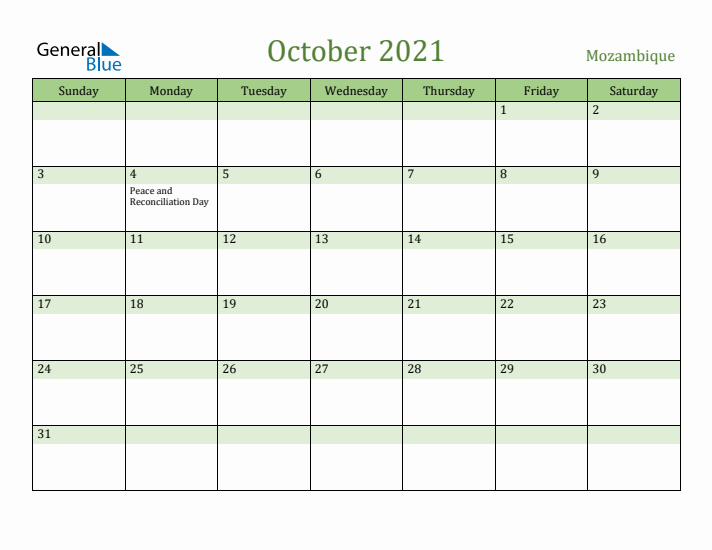 October 2021 Calendar with Mozambique Holidays
