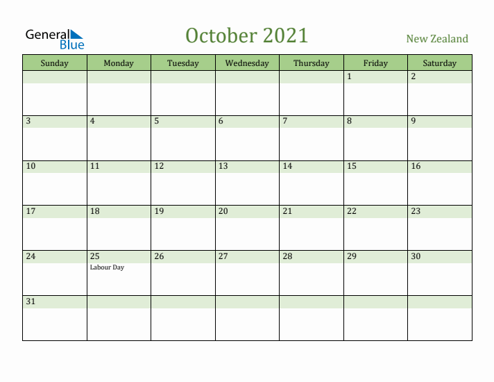 October 2021 Calendar with New Zealand Holidays