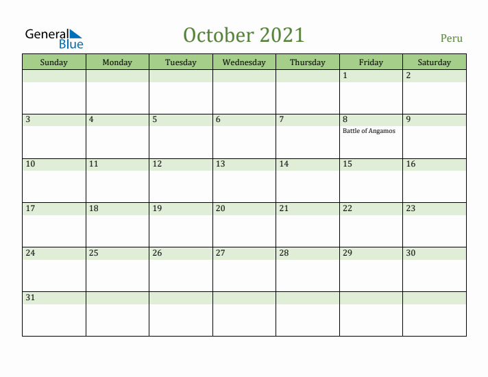 October 2021 Calendar with Peru Holidays