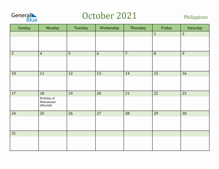 October 2021 Calendar with Philippines Holidays