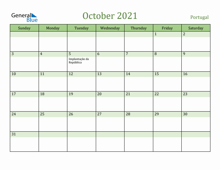 October 2021 Calendar with Portugal Holidays